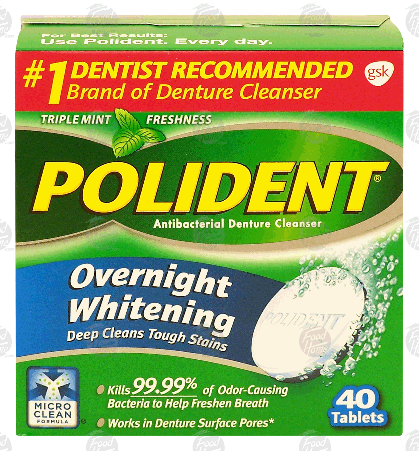 Polident  overnight whitening tablets, antibacterial denture cleanser, triple mint freshness Full-Size Picture